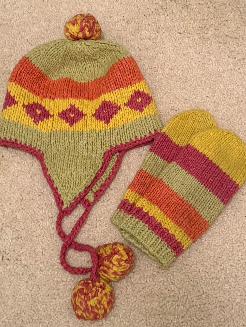 Kids knitted Earflap Beanie and Mittens Set - Green, Yellow & Pink